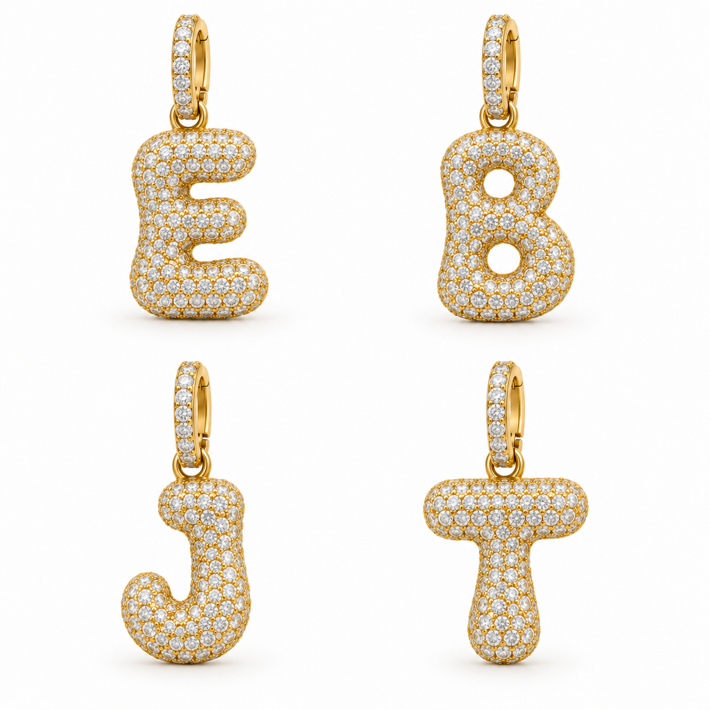 Yellow gold diamond initial charms E, B, J and T; sold individually