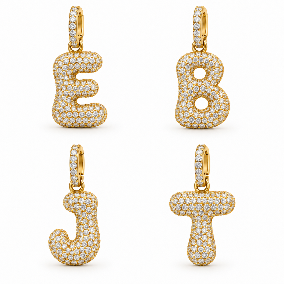 Yellow gold diamond initial charms E, B, J and T; sold individually