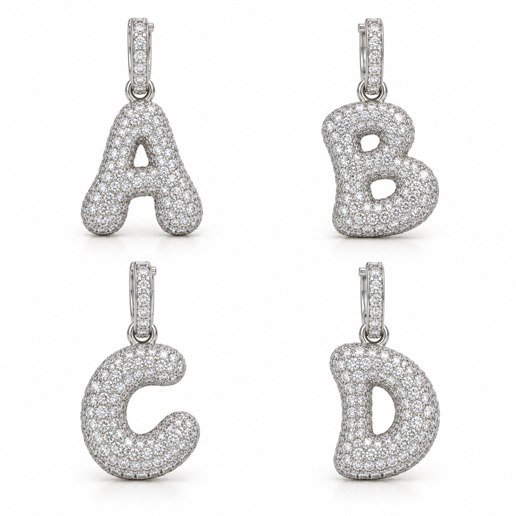 White gold diamond initial charms A, B, C and D; sold individually