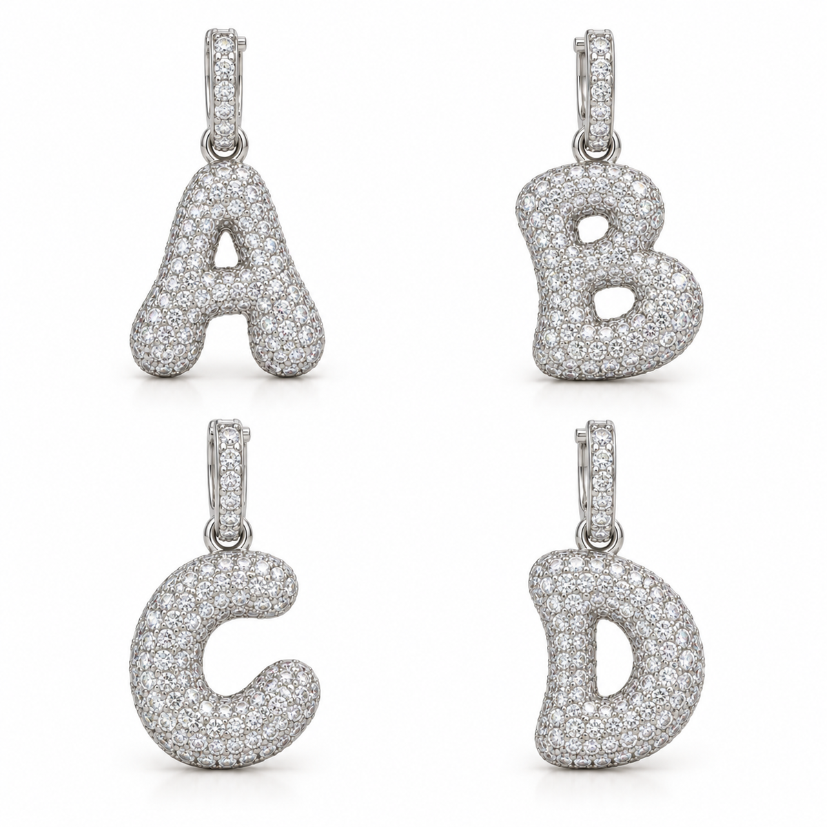 White gold diamond initial charms A, B, C and D; sold individually