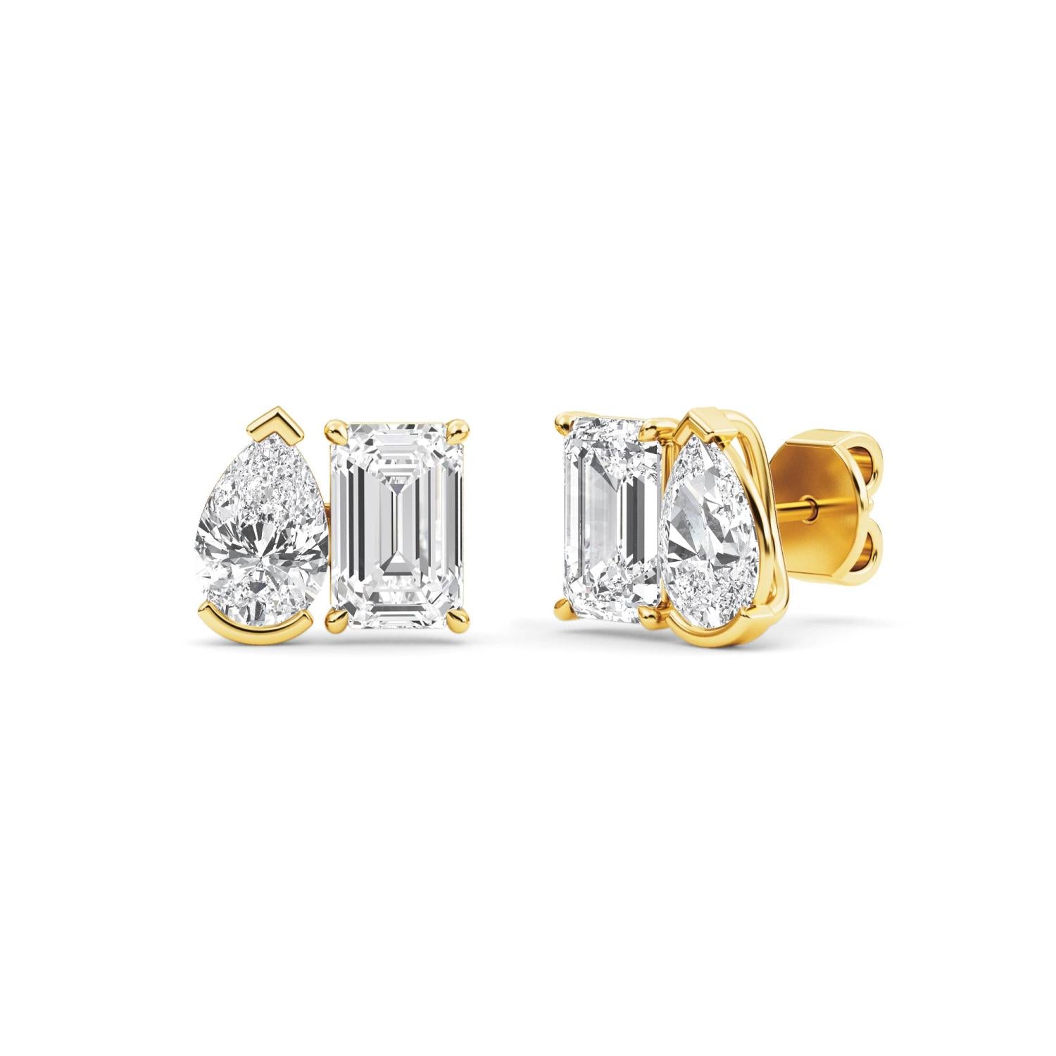 Emerald & Pear studs - yellow gold - side/angle view